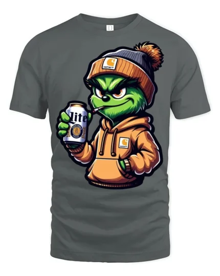 Cool Grinch Style Monster Drinking Beer Funny T Shirt - gray t-shirt on white background
