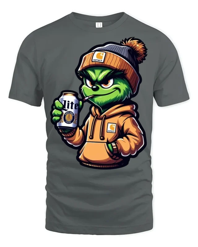 Cool Grinch Style Monster Drinking Beer Funny T Shirt - gray t-shirt on white background
