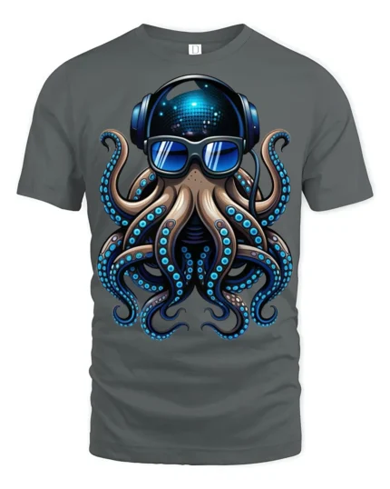 Cool DJ Octopus With Headphones Sunglasses Graphic T Shirt - gray t-shirt on white background