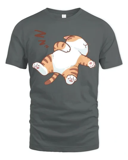 Funny Lazy Cat Nap Time Cozy Cartoon Graphic T Shirt - gray t-shirt on white background