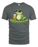Cute Cool Frog Sunglasses Drink Summer Fun Graphic T Shirt - gray t-shirt on white background