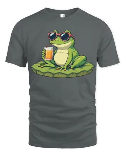 Cute Cool Frog Sunglasses Drink Summer Fun Graphic T Shirt - gray t-shirt on white background