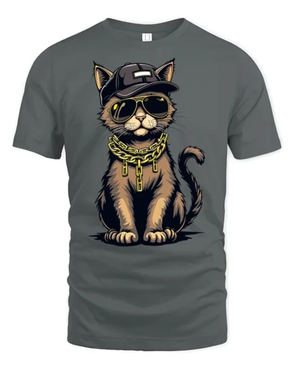 Cool Gangster Cat Gold Chain Hip Hop Style Graphic T Shirt - gray t-shirt on white background