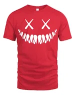 Creepy Smile Skull Face X Eyes Minimalist Graphic T Shirt - red t-shirt on white background