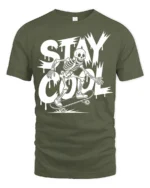 Stay Cool Skeleton Skateboard Funny Street Style Graphic T Shirt - military green t-shirt on white background
