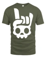 Rock On Skull Hand Sign Minimalist Cool Graphic T Shirt - military green t-shirt on white background