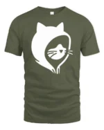 Simple Cat Face Hoodie Outline Cool Minimal Graphic Tee - military green t-shirt on white background