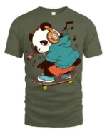 Cool Panda Skateboard Headphones Music Lover Graphic T Shirt - military green t-shirt on white background
