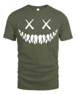 Creepy Smile Skull Face X Eyes Minimalist Graphic T Shirt - military green t-shirt on white background