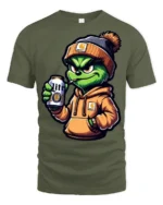 Cool Grinch Style Monster Drinking Beer Funny T Shirt - military green t-shirt on white background