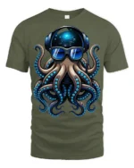 Cool DJ Octopus With Headphones Sunglasses Graphic T Shirt - military green t-shirt on white background