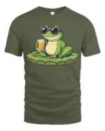 Cute Cool Frog Sunglasses Drink Summer Fun Graphic T Shirt - military green t-shirt on white background