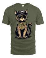 Cool Gangster Cat Gold Chain Hip Hop Style Graphic T Shirt - military green t-shirt on white background