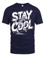 Stay Cool Skeleton Skateboard Funny Street Style Graphic T Shirt - navy t-shirt on white background