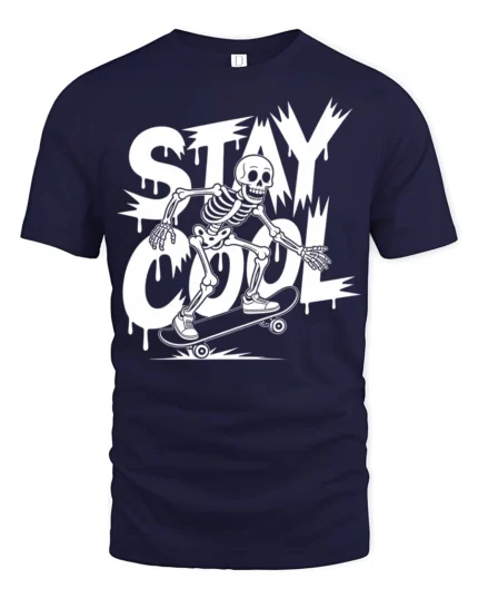 Stay Cool Skeleton Skateboard Funny Street Style Graphic T Shirt - navy t-shirt on white background