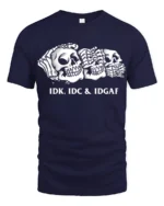 Sarcastic Skull Trio IDK IDC IDGAF Humor Graphic Tee Shirt - navy t-shirt on white background