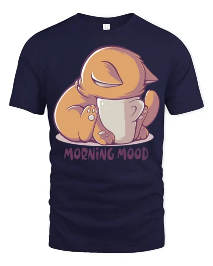 Cute Sleepy Cat Morning Mood Coffee Lover Funny T Shirt - navy t-shirt on white background