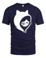 Simple Cat Face Hoodie Outline Cool Minimal Graphic Tee - navy t-shirt on white background
