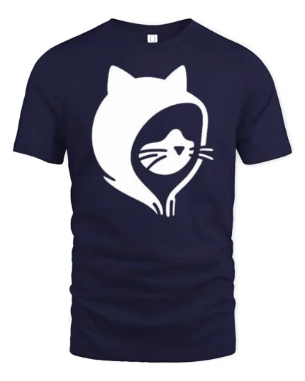 Simple Cat Face Hoodie Outline Cool Minimal Graphic Tee - navy t-shirt on white background