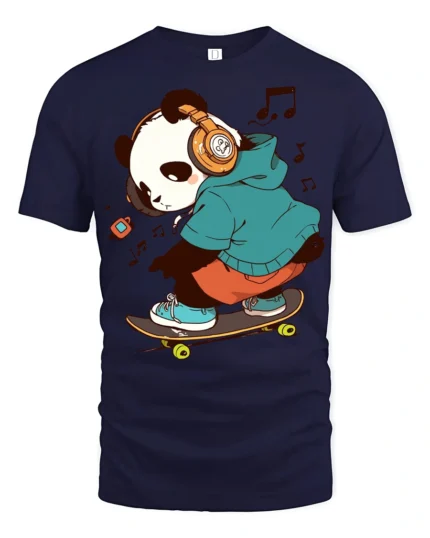 Cool Panda Skateboard Headphones Music Lover Graphic T Shirt - navy t-shirt on white background
