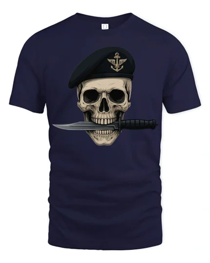 Skull Soldier Beret Knife Tactical Military Graphic T Shirt - navy t-shirt on white background