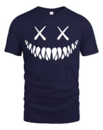 Creepy Smile Skull Face X Eyes Minimalist Graphic T Shirt - navy t-shirt on white background