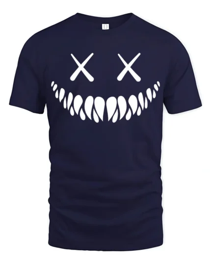 Creepy Smile Skull Face X Eyes Minimalist Graphic T Shirt - navy t-shirt on white background