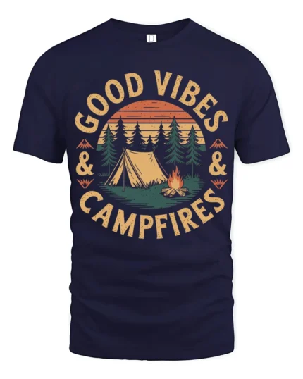 Good Vibes And Campfires Vintage Camping Graphic T Shirt - navy t-shirt on white background