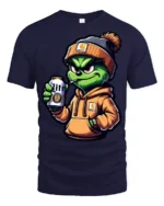 Cool Grinch Style Monster Drinking Beer Funny T Shirt - navy t-shirt on white background