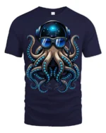 Cool DJ Octopus With Headphones Sunglasses Graphic T Shirt - navy t-shirt on white background