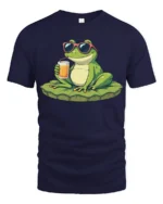 Cute Cool Frog Sunglasses Drink Summer Fun Graphic T Shirt - navy t-shirt on white background