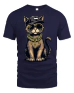 Cool Gangster Cat Gold Chain Hip Hop Style Graphic T Shirt - navy t-shirt on white background