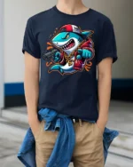 Cool Rapper Shark With Chain Urban Swag Graphic Tee Shirt - model wearing navy tee with hands in pockets