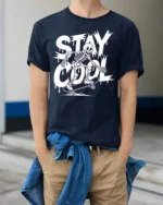 Stay Cool Skeleton Skateboard Funny Street Style Graphic T Shirt - model wearing navy tee with hands in pockets