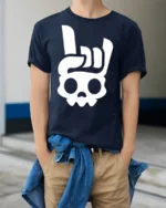 Rock On Skull Hand Sign Minimalist Cool Graphic T Shirt - model wearing navy tee with hands in pockets