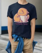 Cute Sleepy Cat Morning Mood Coffee Lover Funny T Shirt - model wearing navy tee with hands in pockets