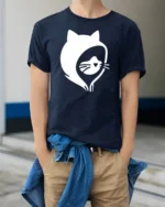Simple Cat Face Hoodie Outline Cool Minimal Graphic Tee - model wearing navy tee with hands in pockets