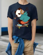 Cool Panda Skateboard Headphones Music Lover Graphic T Shirt - model wearing navy tee with hands in pockets