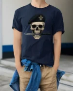Skull Soldier Beret Knife Tactical Military Graphic T Shirt - model wearing navy tee with hands in pockets