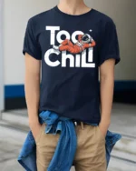 Too Chill Astronaut Relaxing Funny Space Graphic T Shirt - model wearing navy tee with hands in pockets