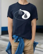 Yin Yang Skeleton Balance Dark Humor Aesthetic Graphic T Shirt - model wearing navy tee with hands in pockets