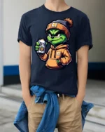 Cool Grinch Style Monster Drinking Beer Funny T Shirt - model wearing navy tee with hands in pockets