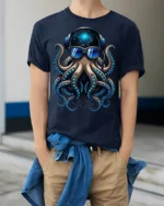 Cool DJ Octopus With Headphones Sunglasses Graphic T Shirt - model wearing navy tee with hands in pockets
