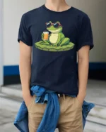Cute Cool Frog Sunglasses Drink Summer Fun Graphic T Shirt - model wearing navy tee with hands in pockets