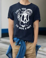 Life Is Too Short Funny Skull Dude Attitude Graphic T Shirt - model wearing navy tee with hands in pockets
