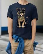 Cool Gangster Cat Gold Chain Hip Hop Style Graphic T Shirt - model wearing navy tee with hands in pockets