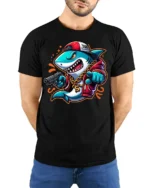 Cool Rapper Shark With Chain Urban Swag Graphic Tee Shirt - model wearing black tee with hands behind back