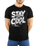 Stay Cool Skeleton Skateboard Funny Street Style Graphic T Shirt - model wearing black tee with hands behind back