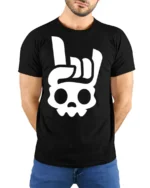 Rock On Skull Hand Sign Minimalist Cool Graphic T Shirt - model wearing black tee with hands behind back