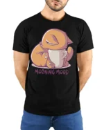 Cute Sleepy Cat Morning Mood Coffee Lover Funny T Shirt - model wearing black tee with hands behind back